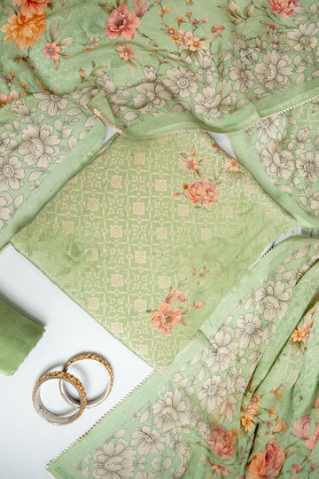 Olive Muslin Unstitched Salwar Suit With Muslin Dupatta