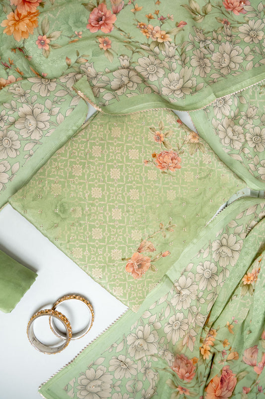 Olive Muslin Unstitched Salwar Suit With Muslin Dupatta