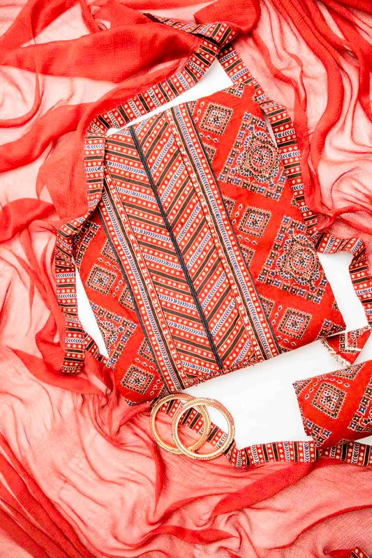 Maroon Cotton Unstitched Salwar Suit With Cotton Dupatta