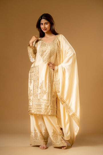 Tussar Chinon Readymade Suit And Palazzo With Chinon Dupatta