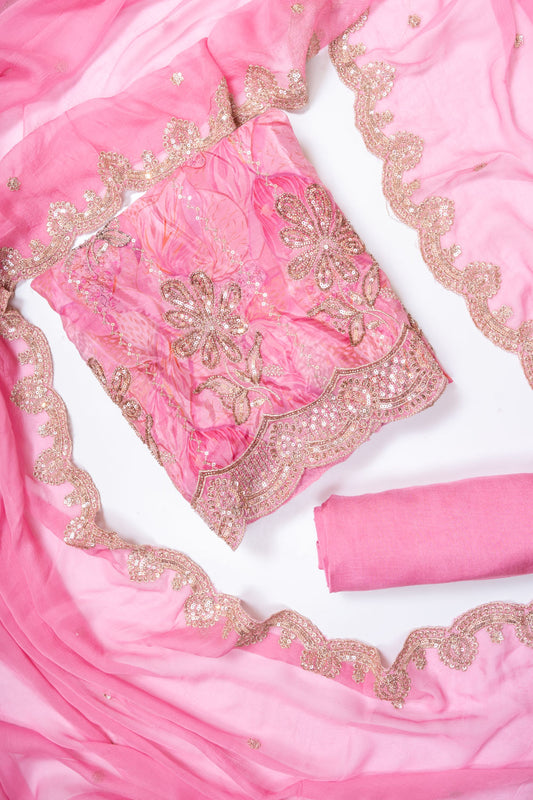 Pink Banarasi Silk Unstitched Salwar Suit With Organza Dupatta