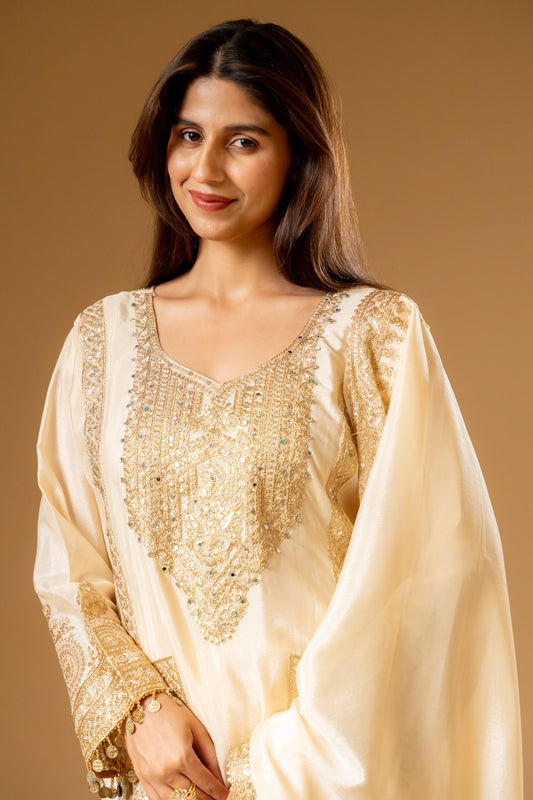 Tussar Chinon Readymade Suit And Palazzo With Chinon Dupatta
