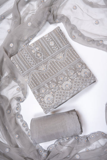 Grey Georgette Unstitched Salwar Suit With Chiffon Dupatta