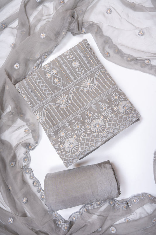 Grey Georgette Unstitched Salwar Suit With Chiffon Dupatta
