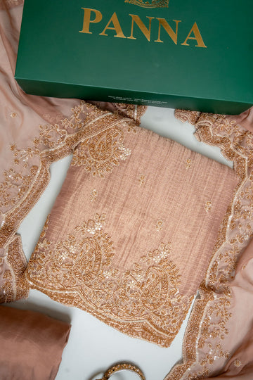 Peach Shimmer Unstitched Suit Salwar With Chinon Dupatta