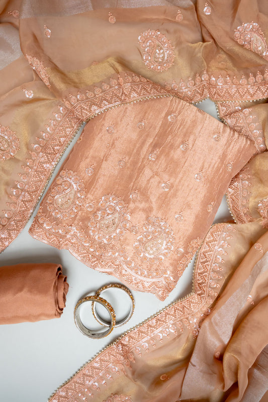 Peach Shimmer Unstitched Salwar Suit With Chinon Dupatta