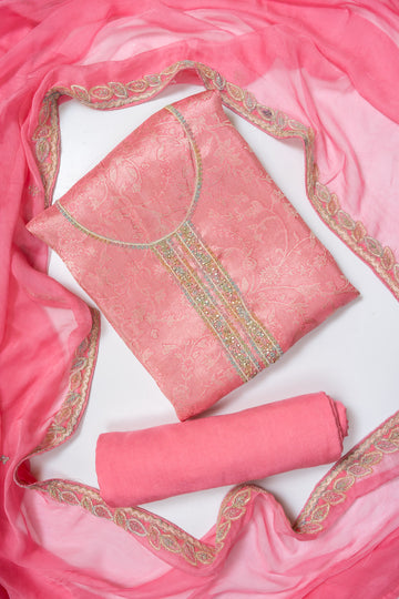 Gajari Banarasi Silk Unstitched Salwar Suit With Organza Dupatta