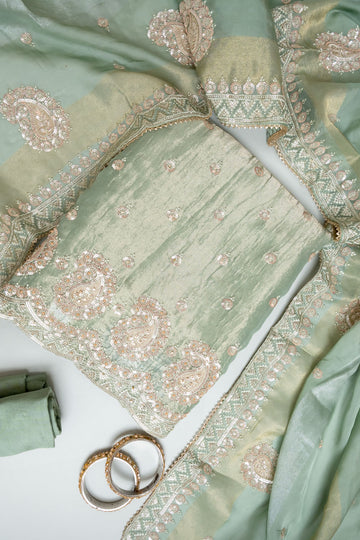 Pista Shimmer Unstitched Salwar Suit With Chinon Dupatta