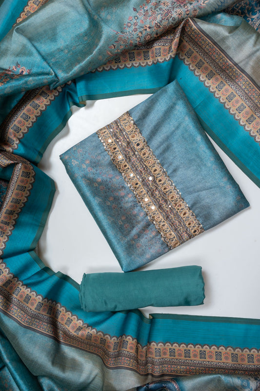 Sky Blue Chanderi Unstitched Salwar Suit With Soft Dupatta