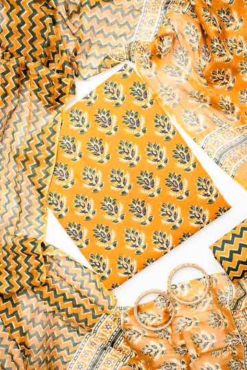 Mustard Cotton Unstitched Salwar Suit With Cotton Dupatta