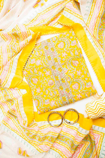 Mustard Cotton Unstitched Salwar Suit With Cotton Dupatta