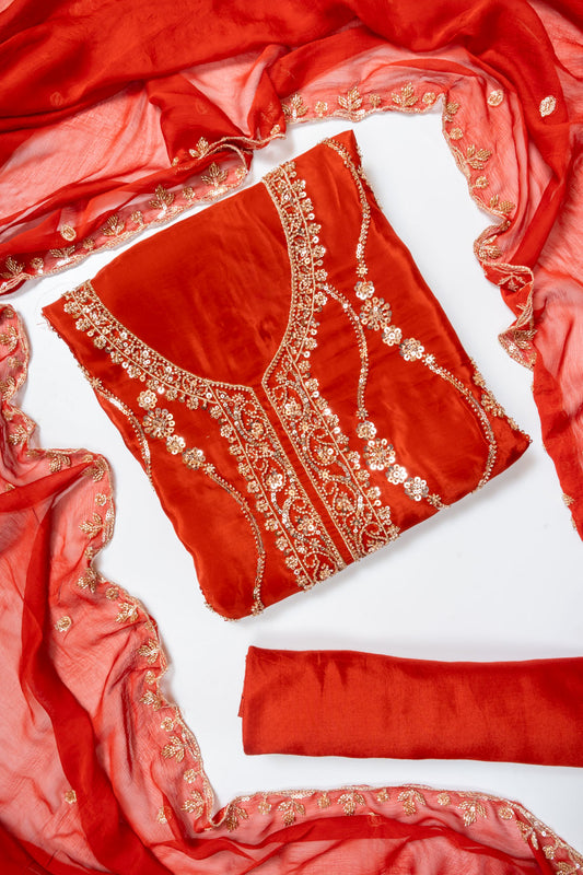 Rust Organza Unstitched Salwar Suit With Chiffon Dupatta