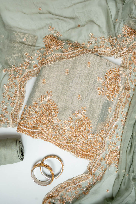 Pista Shimmer Unstitched Salwar Suit With Cotton Dupatta