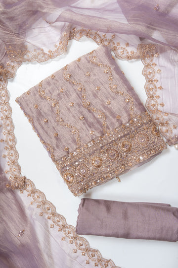 Mauve Organza Unstitched Salwar Suit With Organza Dupatta