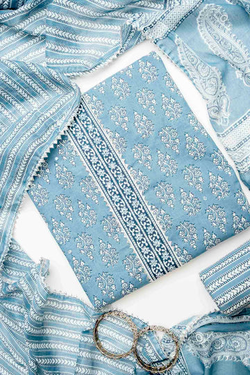 Grey Cotton Unstitched Salwar Suit With Cotton Dupatta