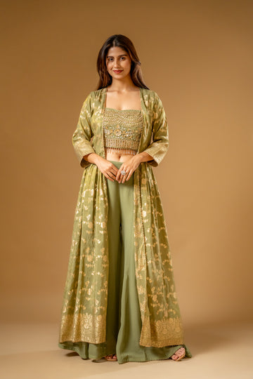 Pista Georgette Tissue Readymade Sharara Set With Shrug