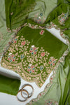 Mehndi Organza Unstitched Salwar Suit With Cotton Dupatta