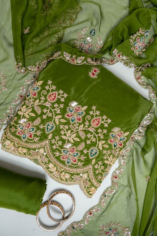 Mehndi Organza Unstitched Salwar Suit With Cotton Dupatta