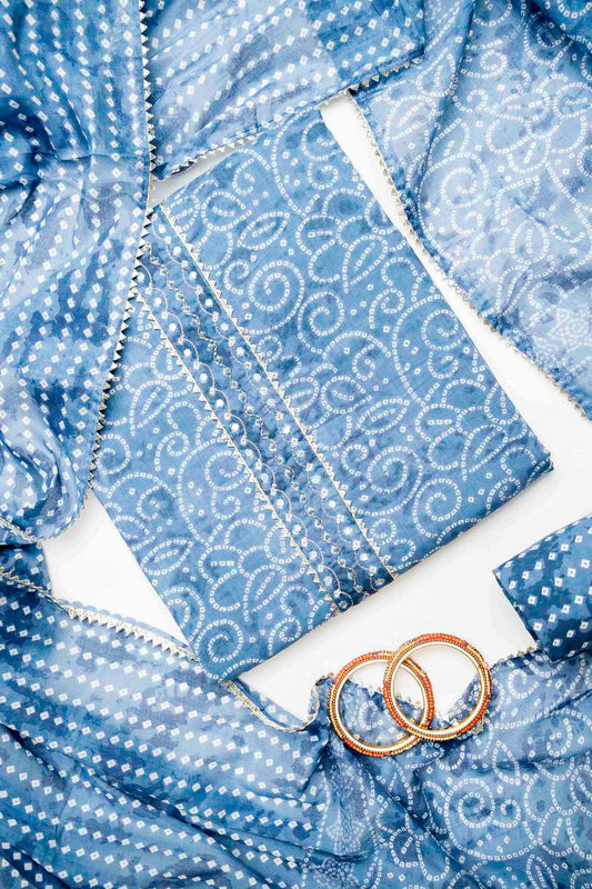 Blue Grey Cotton Unstitched Salwar Suit With Cotton Dupatta