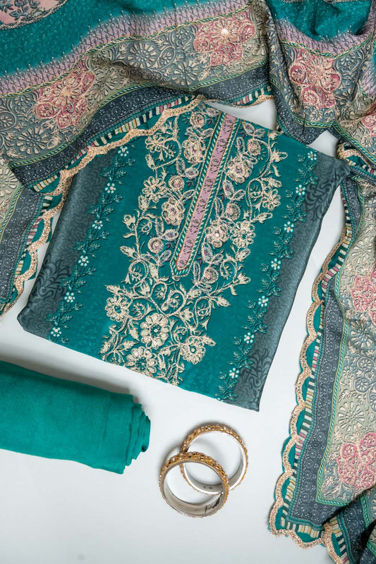 Mint Green Crepe Unstitched Suit Salwar With Crepe Dupatta