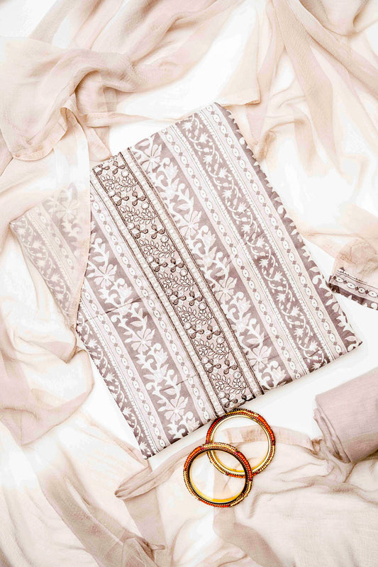 Mauve Cotton Unstitched Salwar Suit With Chiffon Dupatta