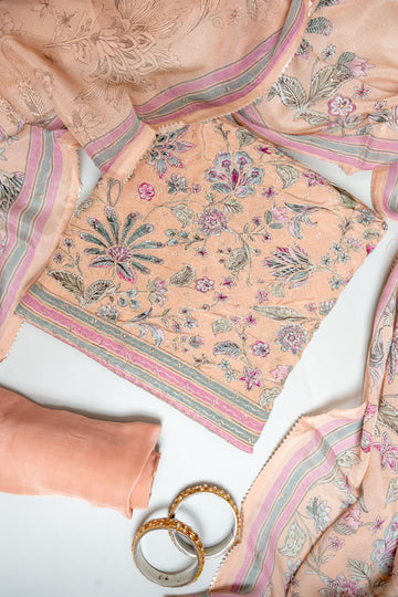 Peach Crepe Unstitched Salwar Suit With Georgette Dupatta