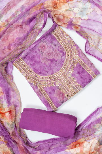 Purple Organza Unstitched Salwar Suit With Chiffon Dupatta