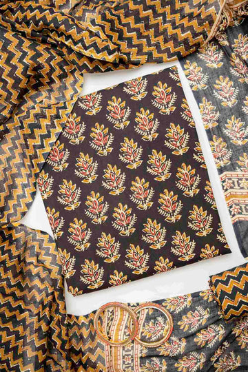 Black Cotton Unstitched Salwar Suit With Cotton Dupatta