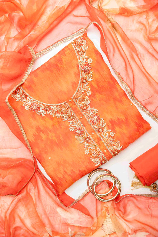 Orange Cotton Unstitched Salwar Suit With Chiffon Dupatta
