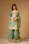 Olive Chinon Readymade Suit And Palazzo With Chinon Dupatta
