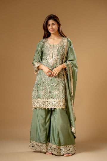 Olive Chinon Readymade Suit And Palazzo With Chinon Dupatta