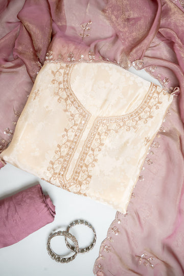 Tussar Mauve Organza Unstitched Suit Salwar With Chinon Dupatta