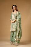 Olive Chinon Readymade Suit And Palazzo With Chinon Dupatta