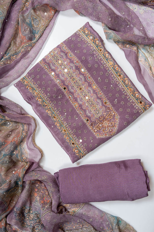 Mauve Crepe Unstitched Salwar Suit With Chiffon Dupatta