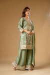 Olive Chinon Readymade Suit And Palazzo With Chinon Dupatta