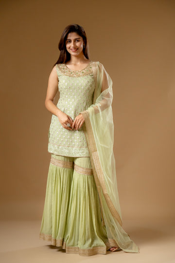 Pista Georgette Readymade Sharara Set With Net Dupatta