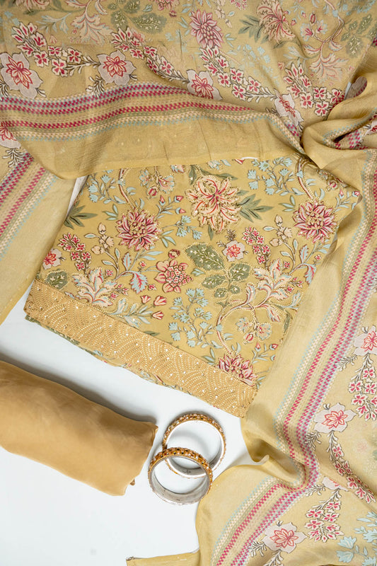 Mustard Crepe Unstitched Salwar Suit With Georgette Dupatta
