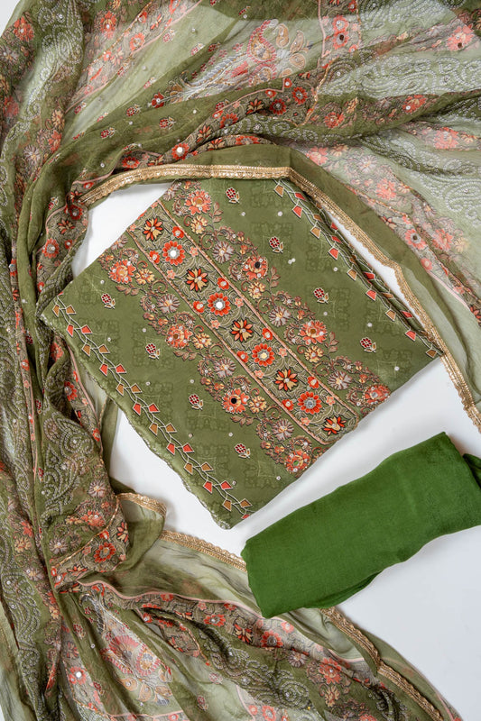 Pista Crepe Unstitched Salwar Suit With Chiffon Dupatta