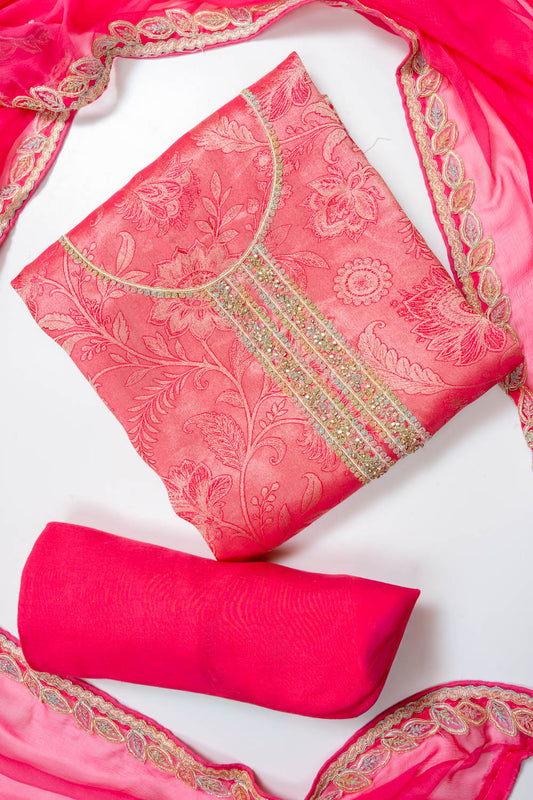 Rani Banarasi Silk Unstitched Salwar Suit With Organza Dupatta