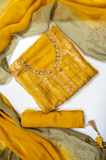 Mustard Organza Unstitched Salwar Suit With Organza Dupatta