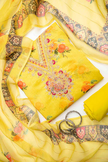 Pista Chanderi Cotton Unstitched Salwar Suit With Cotton Dupatta