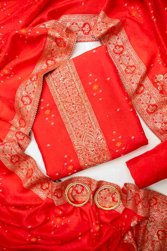 Red Dola Unstitched Salwar Suit With Dola Dupatta
