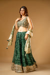 Bottle Green Chinon Readymade Sharara Set With Organza Dupatta