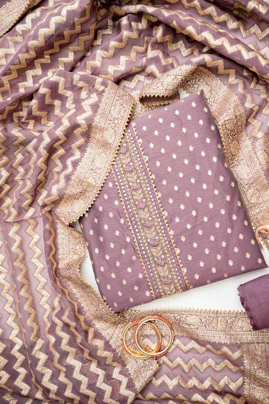 Mauve Cotton Unstitched Salwar Suit With Cotton Dupatta
