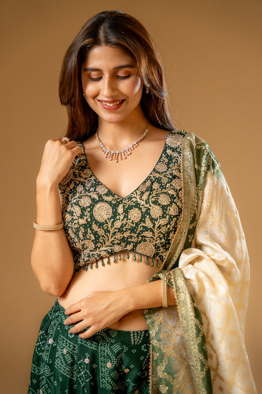 Bottle Green Chinon Readymade Sharara Set With Organza Dupatta