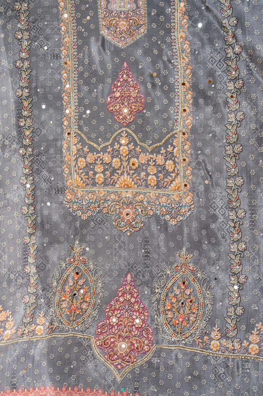 Grey Crepe Unstitched Salwar Suit With Chiffon Dupatta