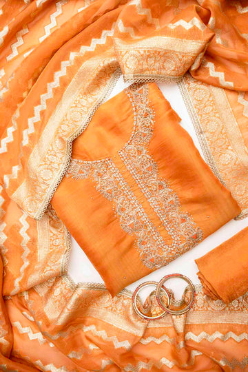 Mustard Shimmer Unstitched Salwar Suit With Organza Dupatta