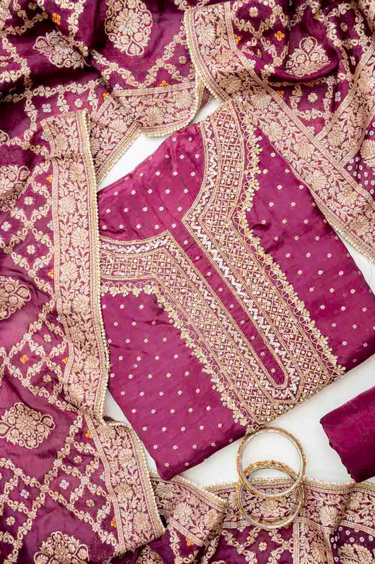 Garnet Crepe Unstitched Salwar Suit With Khaddi Georgette Dupatta