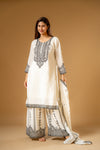 White Chinon Readymade Suit And Palazzo With Chinon Dupatta