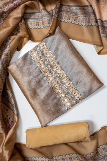 Olive Chanderi Unstitched Salwar Suit With Soft Dupatta